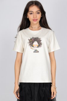 Casual cotton T shirt Roh Br2760 in Cream with a motif