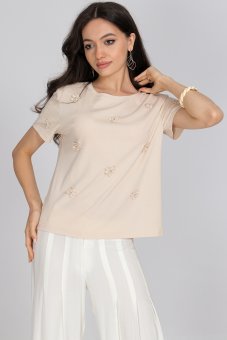 Casual T shirt Aimelia BR2763 Beige with embroidered flowers