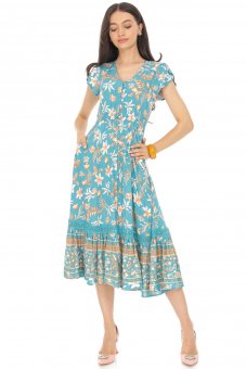 Floral midi dress Roh, DR4660, Turquoise,with pockets