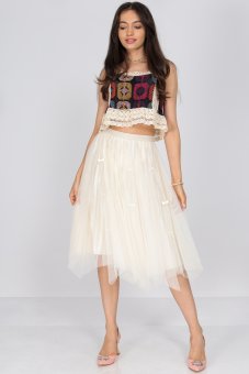 Tulle midi skirt Roh Fr536, in Cream with a bow detail