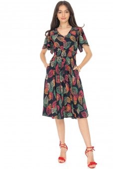 Leaf print midi dress Aimelia DR4659 , Multicoloured, with pockets