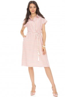 Striped midi dress Aimelia Dr4661 in Pale pink with a belt and pockets.