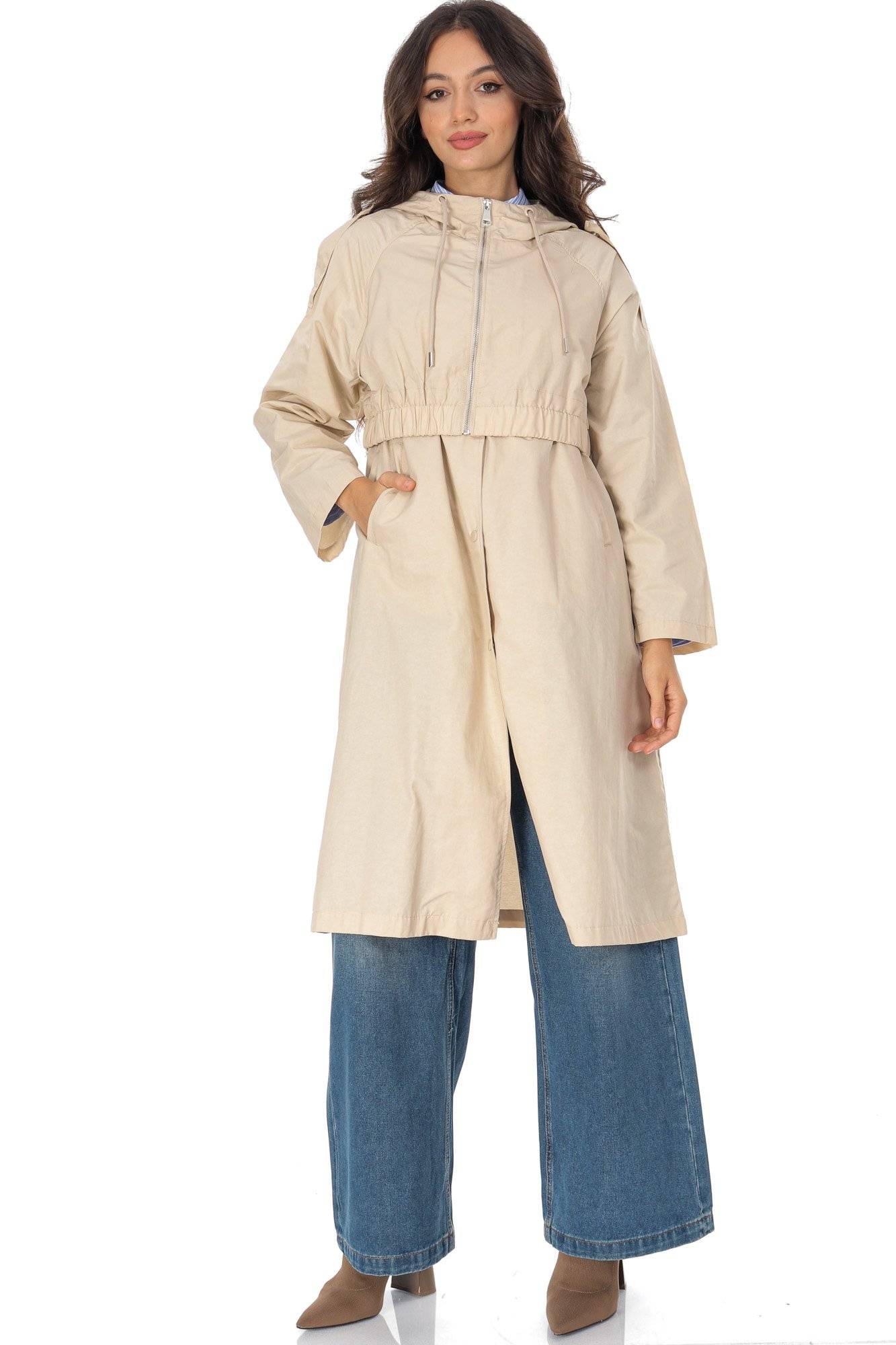 ゆき Jacheta dama tip trench cu gluga, crem Aimelia JR671 - Jachete