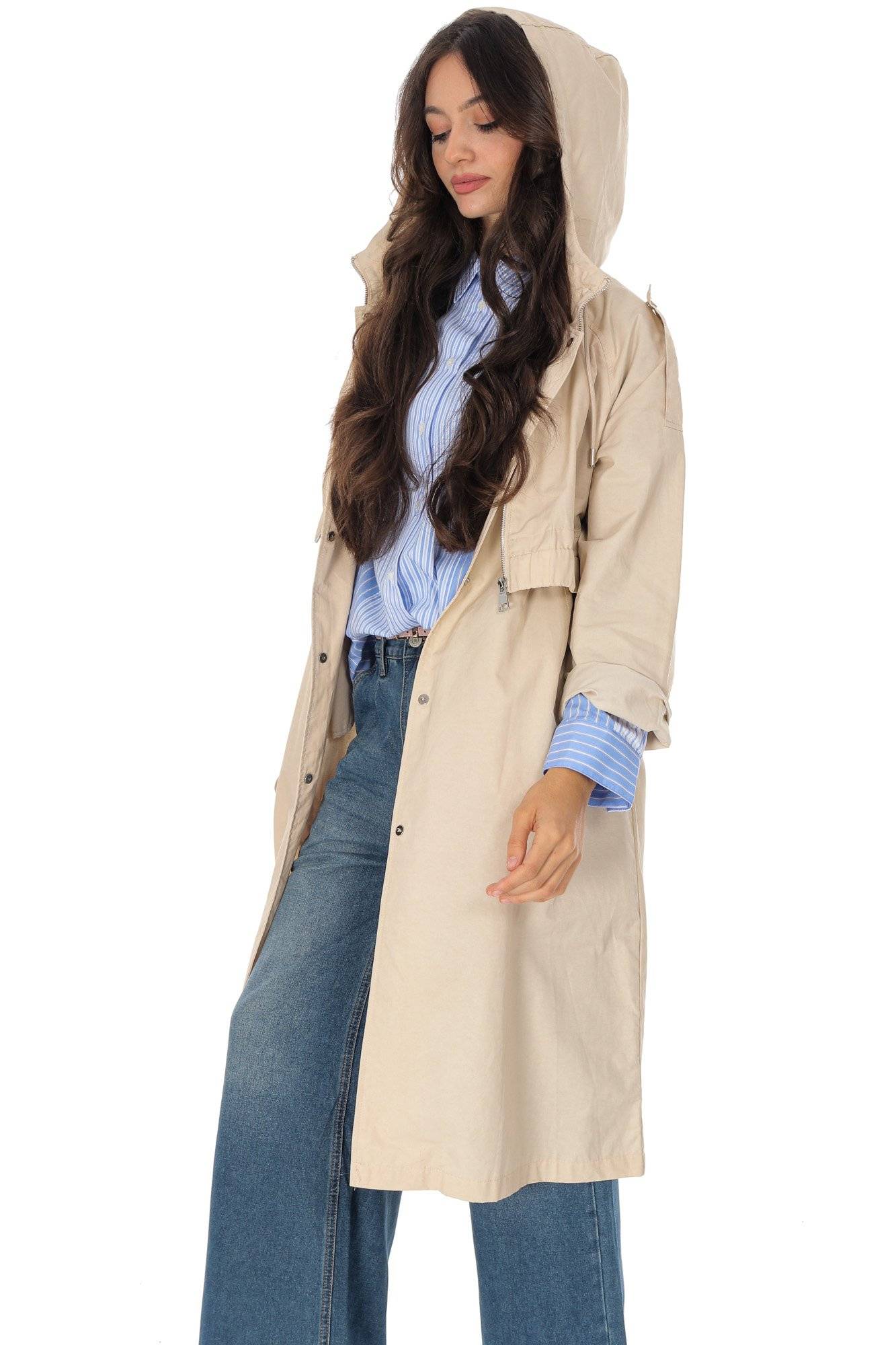 Jacheta dama tip trench cu gluga, crem Aimelia JR671 - Jachete