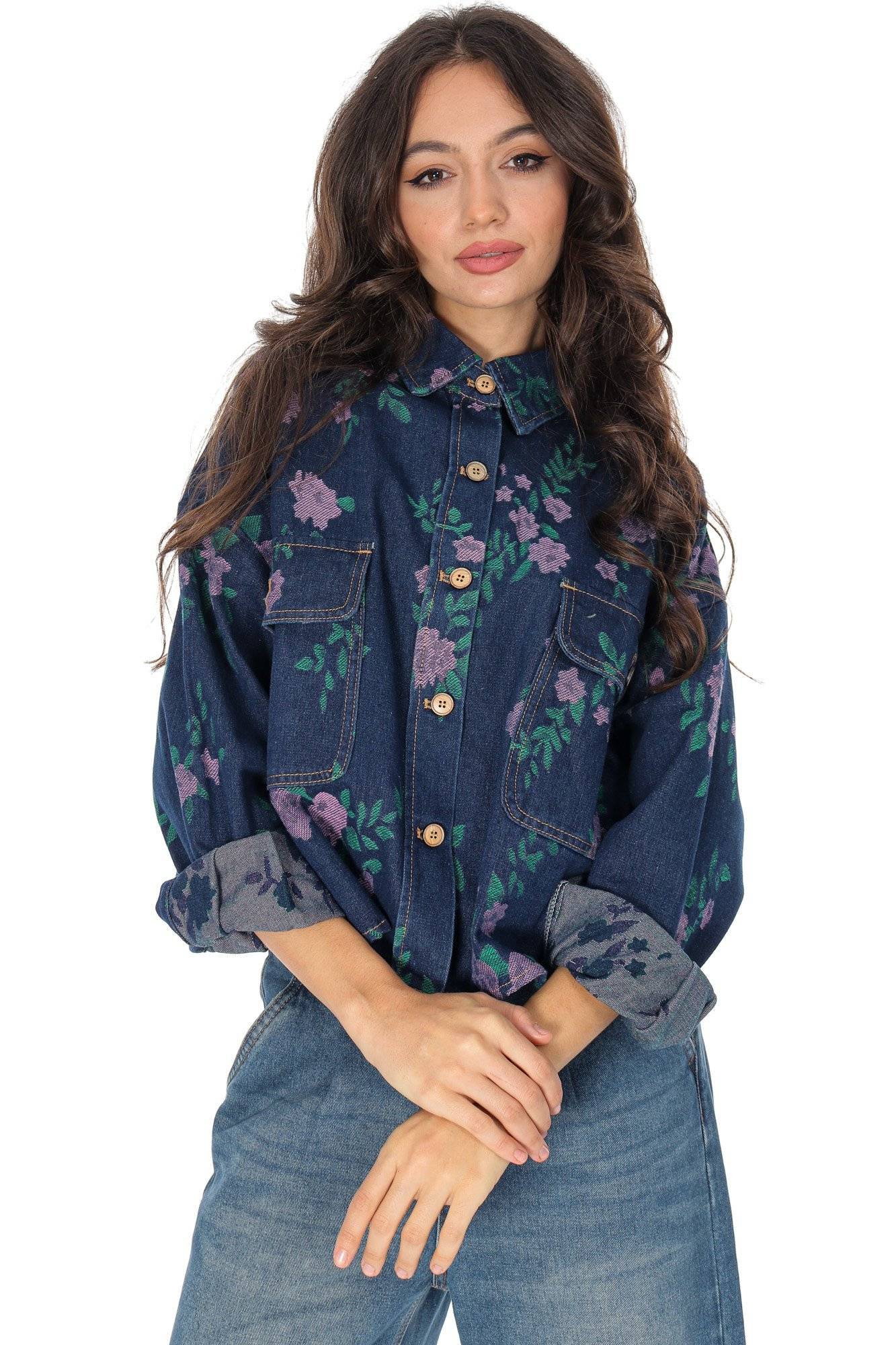 Jacheta denim oversize stil cropped cu broderie Aimelia JR675