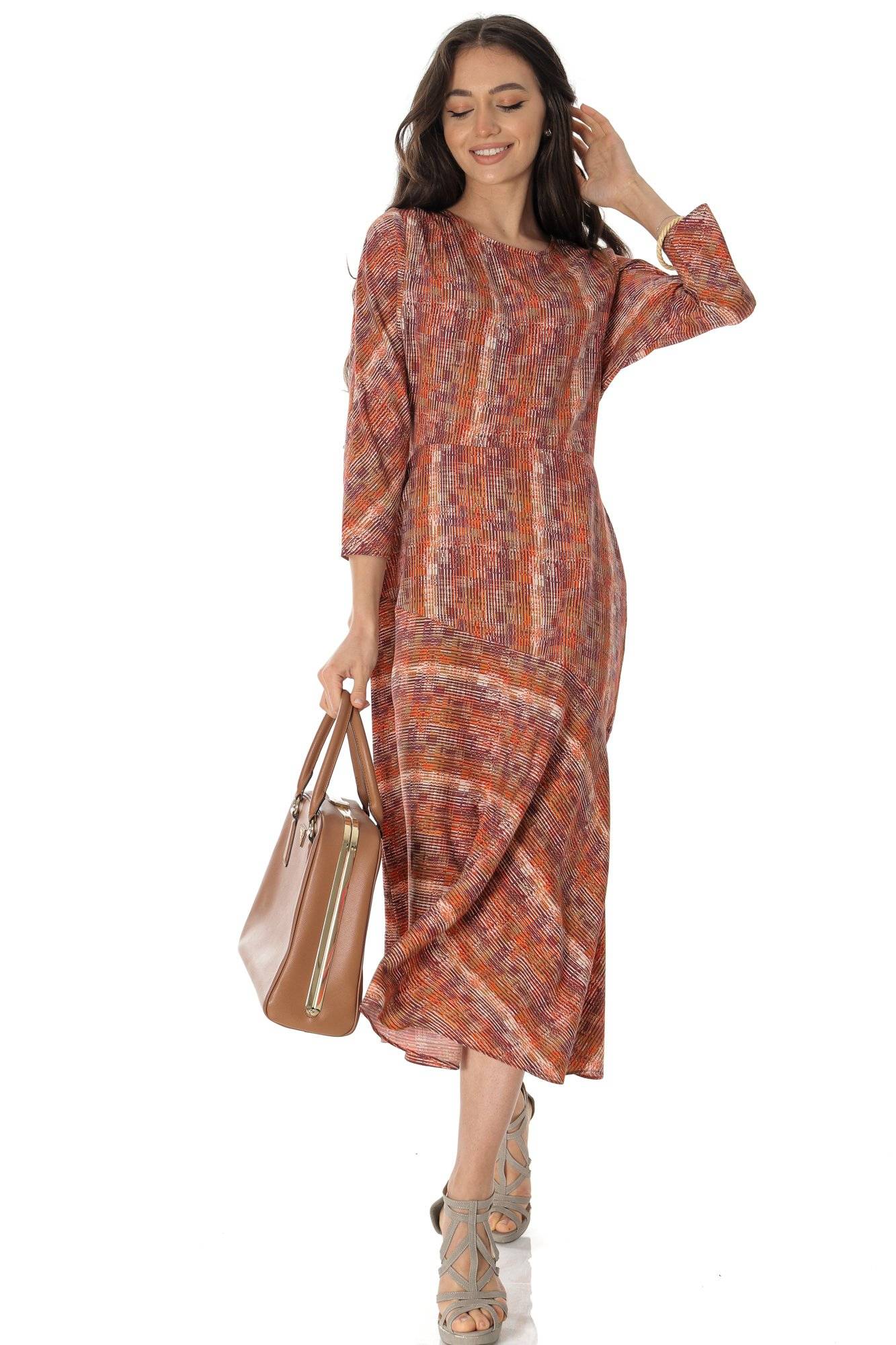 Rochie cu Imprimare Closet DR4600 în Maro cu un Tiv Asimetric