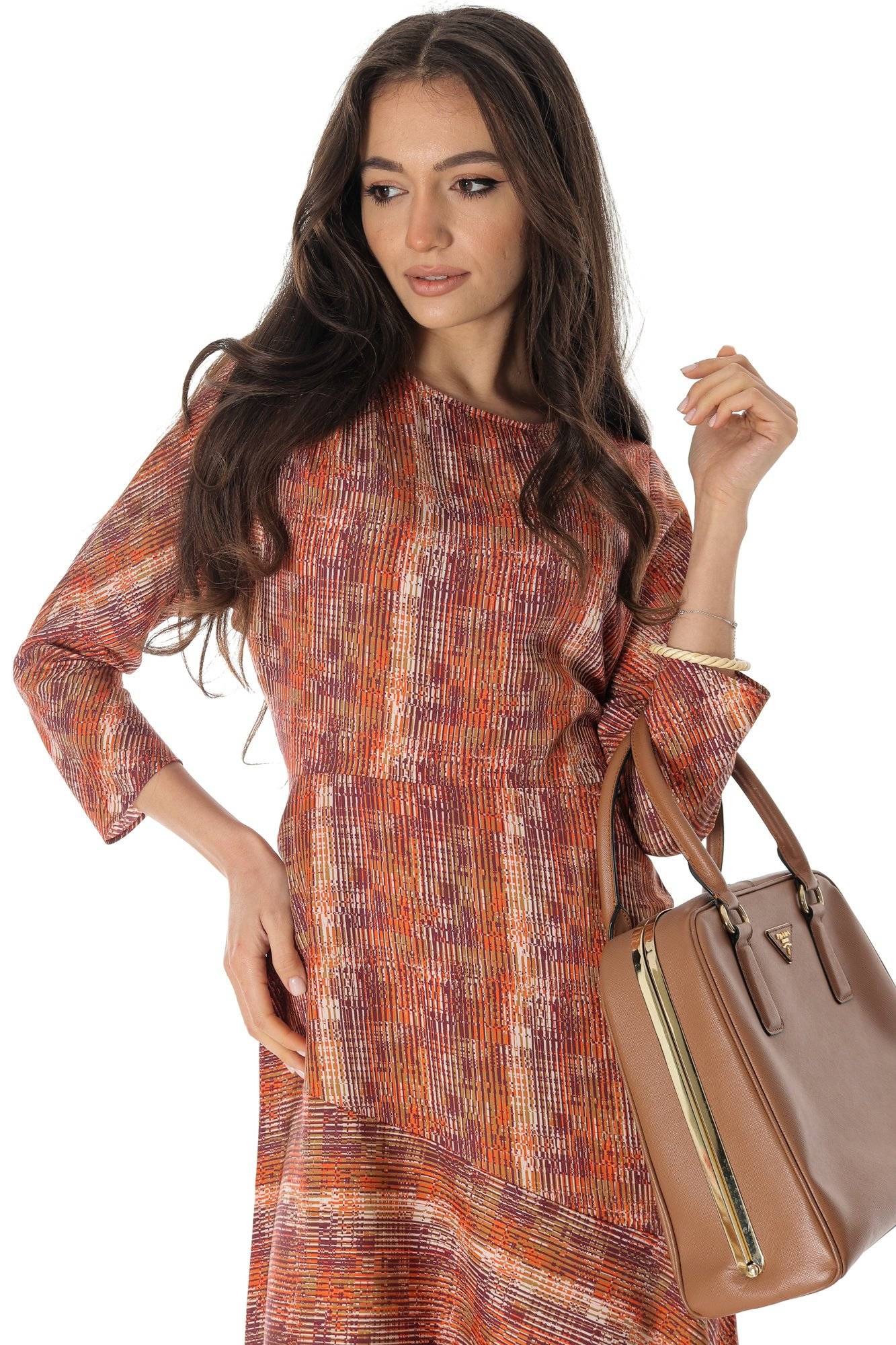 Rochie cu Imprimare Closet DR4600 în Maro cu un Tiv Asimetric