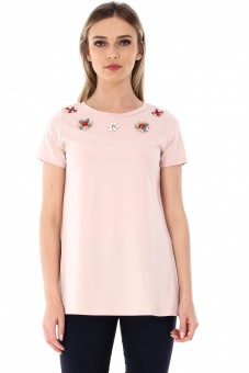 Bluza peach, ROH, cu flori aplicate - BR1765