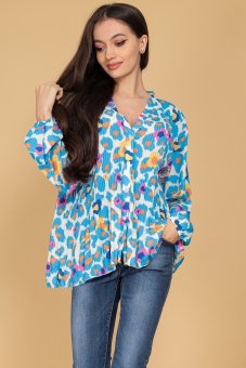 Bluza oversize plisata BR2565 turcoaz cu print floral