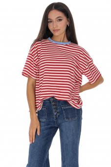 Tricou casual din bumbac in dungi rosu si alb Roh BR2960