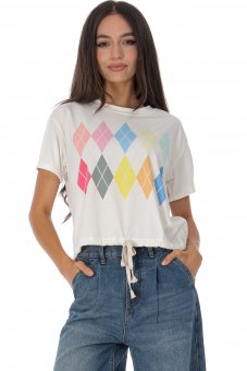 Tricou casual crem cu imprimeu romburi Roh BR2963