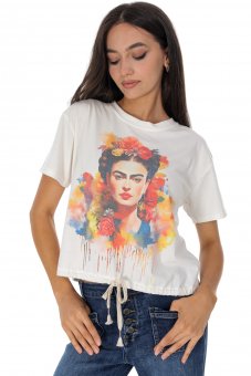 Tricou casual crem cu imprimeu portret colorat Roh BR2964