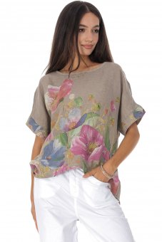 Bluza din in bej cu flori pictat Roh BR2971