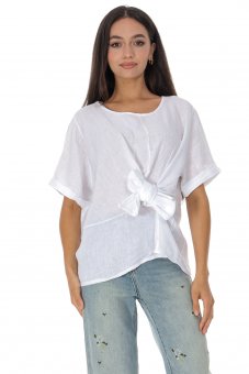 Bluza din in cu fundita  Alb Roh BR2974
