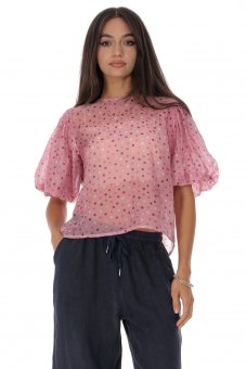 Bluza casual dama roz cu imprimeu buline ROH BR2980