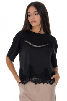 Bluza dama satin neagra cu detalii din dantela ROH BR2981