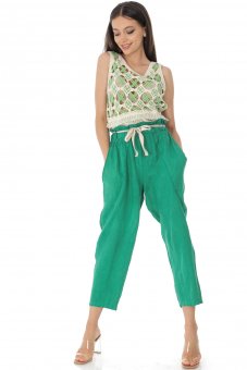 Pantaloni casual Roh Tr455 Verde din in cu o curea in contrast 