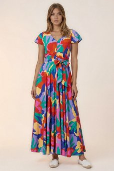 Rochie maxi inflorata Roh Dr4817 Multicolora din Viscoza cu buzunare 