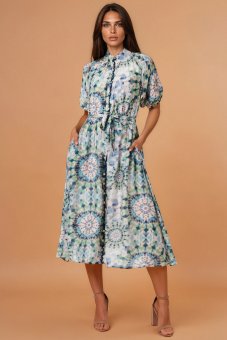  Ladies Blue Abstract Print Shirt Midi Dress Roh DR4818
