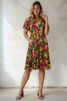 Women’s Bright Floral Print V-Neck Knee Length Dress Roh DR4821