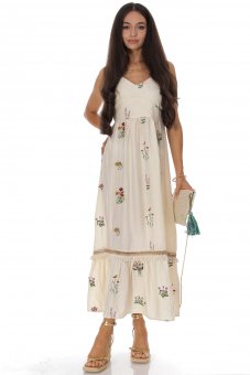 Rochie maxi de vara din bumbac si in cu broderie Crem DR4824