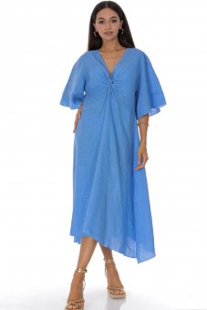 Rochie midi albastra din in cu detaliu rasucit in fata Roh DR4830