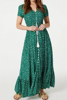 Rochie maxi elegantă, Roh DR4565, verde cu imprimeu cu buline