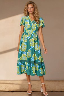 Floral midi dress with a lace trim, with pockets, in Green Roh DR4845