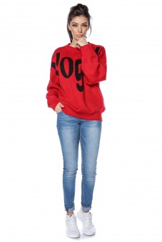 Pulover tricotat, oversize, cu imprimeu Vogue - Rosu - BR2300
