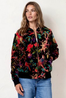Jacheta neagra cu imprimeu floral exotic si inchidere cu fermoar Roh JR688