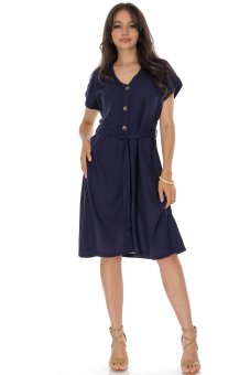 Rochie midi din amestec de in cu buzunare Albastru ROH DR4749