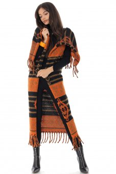 Long woollen poncho Aimelia JR594 in Black/ Orange in an aztec print