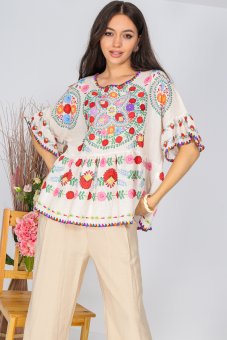 Bluza oversize boho, Crem, cu design floral, ROH, BR2777