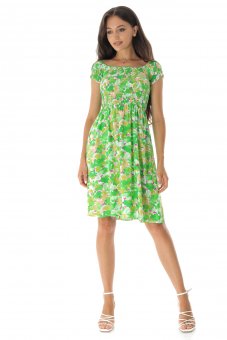 Rochie verde cu imprimeu și mâneci Bardot cu elastic - DR4592