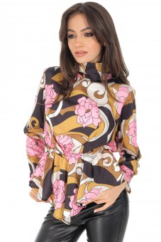 Bluza din satin cu imprimeu Roh BR2570 Crem/Roz cu guler inalt