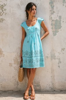 Rochia din bumbac cu broderie , Turcoaz ,Roh DR4847