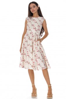 Rochie clos cu în , cu floricele roz si buzunare, Crem Roh DR4806