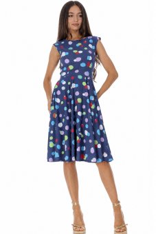 Rochie clos cu buzunare ,multicolour cu buline , Roh DR4843