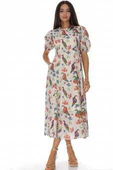 Rochie dama midi crem cu imprimeu floral si maneci bufante Roh DR4812