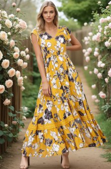 Rochie maxi inflorati ROH DR4778, Galben, cu detalii din dantela 