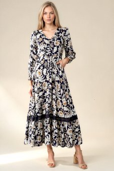 Rochie maxi Blumarin cu maneca lungi si imprimeu floral Roh Dr4848
