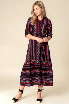 Rochie maxi din bumbac cu broderie etnic si cordon in talie Roh DR4851