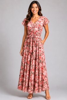 Rochie maxi inflorata Roh Dr4846 Multicolora din Viscoza cu buzunare 
