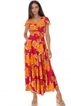 Rochie maxi inflorati Roh Dr4813  Multicolora din Viscoza cu buzunare 
