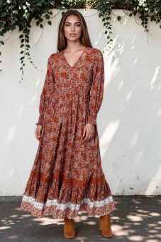 Rochie maxi Rust cu maneca lungă și imprimeu floral Roh Dr4853