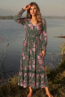 Rochie maxi Verde cu maneca lungi si imprimeu floral Roh Dr4858