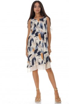 Rochie midi dama fara maneci cu imprimeu abstract si design in straturi Roh DR4814