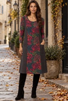  Rochie midi gri cu imprimeu floral în contrast si buzunare Roh Dr4855
