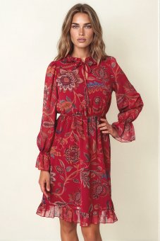Rochie Grena midi  cu imprimeu floral, talie elastica si volane Roh DR4850