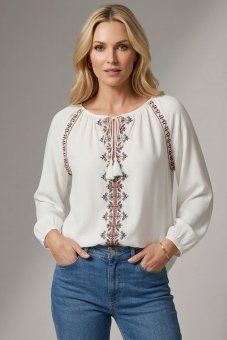  Bluză ie cu broderie delicat, Crem, Roh BR2957